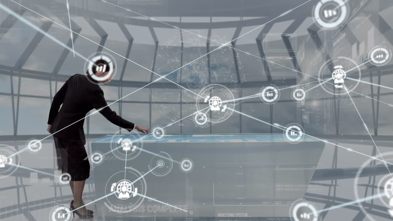 Animation of network of connections with icons over businesswoman touching interactive screen