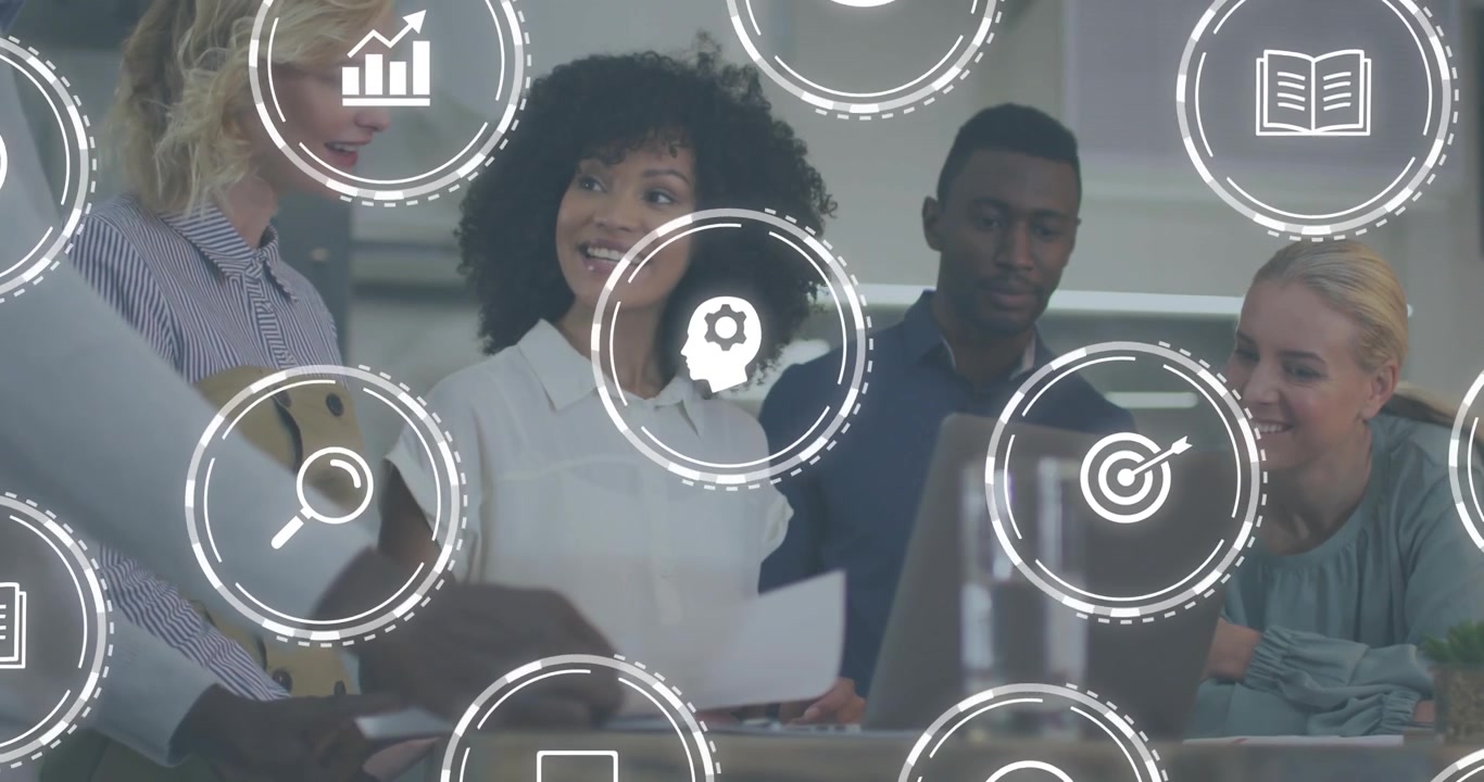 Person1 handing document and sparking business meeting while research and training icons clustering