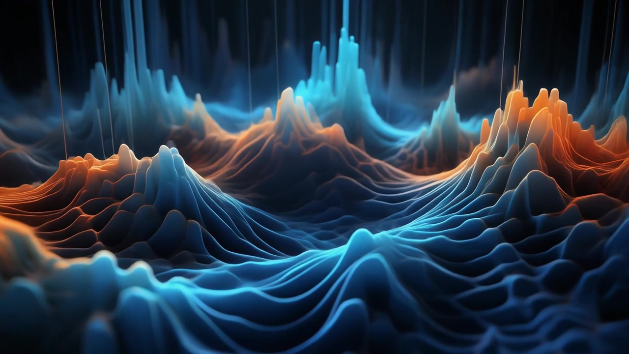 Abstract Digital Waveform Visualization with Glowing Blue and Orange Peaks