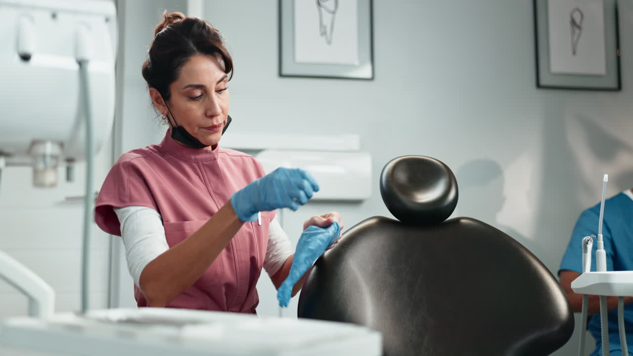 A female dentist is preparing to see her next patient.