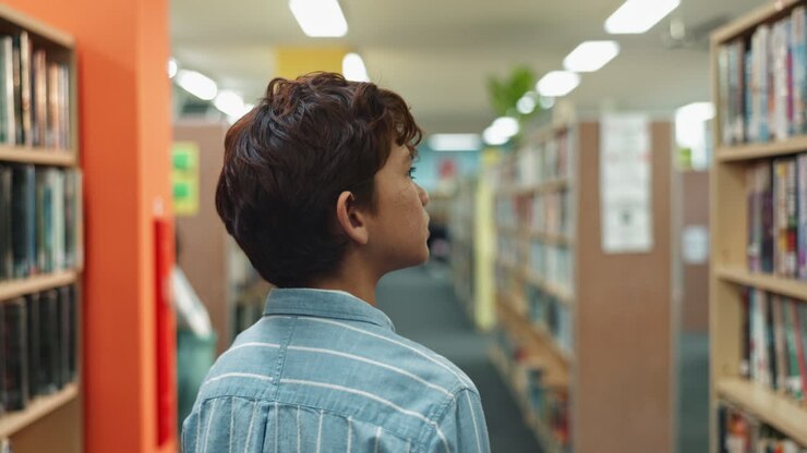 Un ragazzo in biblioteca che guarda i libri