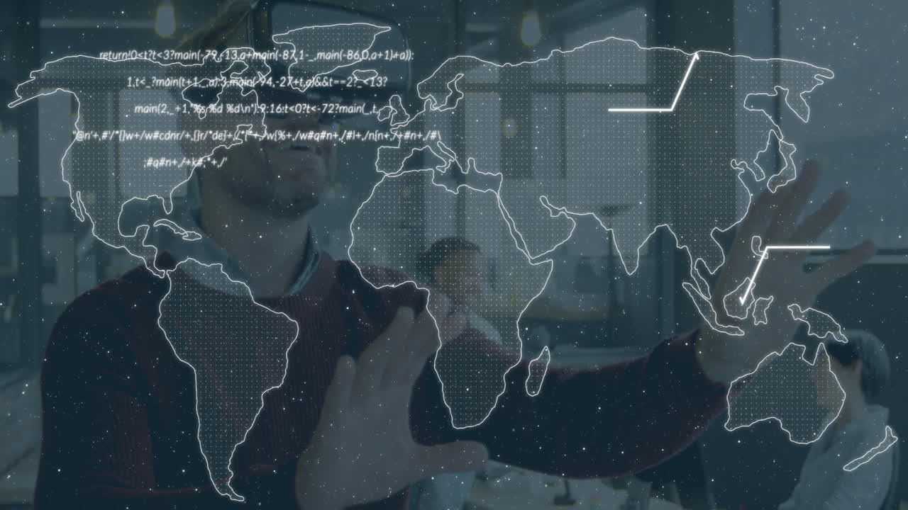 animación del mapa del mundo y procesamiento de datos sobre hombre caucásico que usa auriculares vr en la oficina