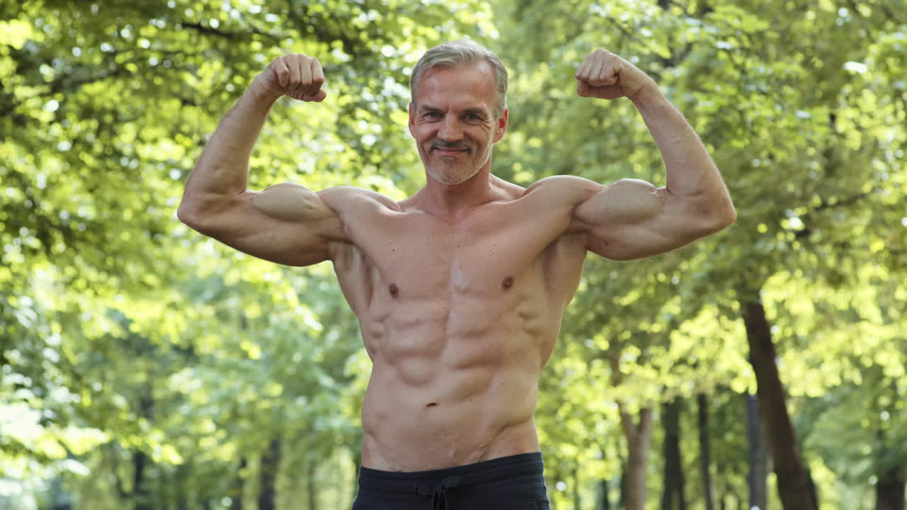 Muscular Older Man Posing Outdoors