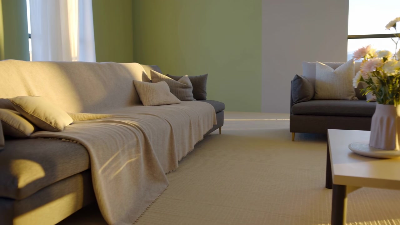 To mid-century sofaer står over for hinanden over et lavt sofabord med en keramisk vase med lyse blomster, mens varmt sollys fylder et højt vindue, gennemsigtige gardiner, bløde skygger og hyggelig neutral indretning.