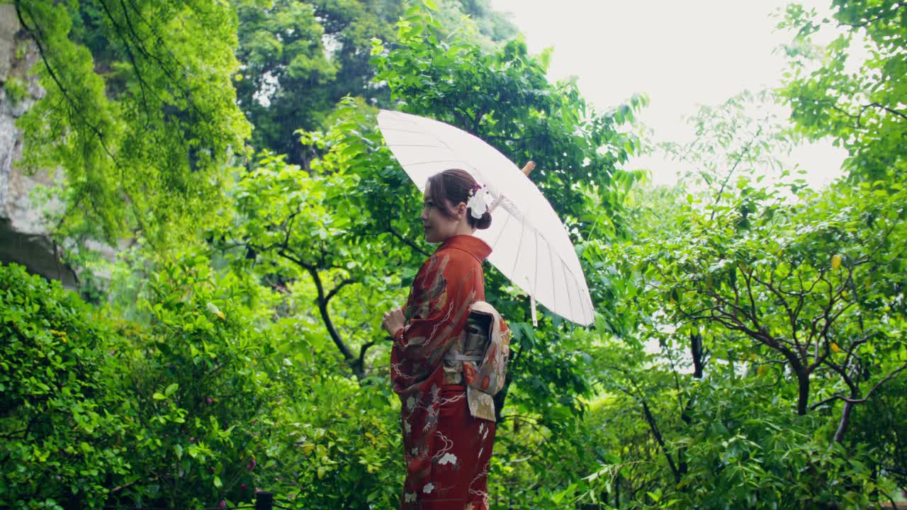 Woman in Kimono with Umbrella in a Japanese Garden
