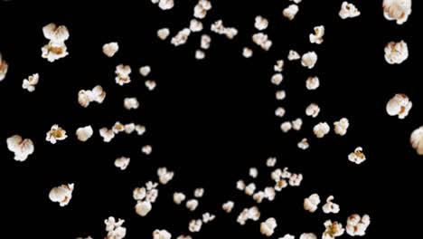 flying many popcorns on black background. white salty popcorn. healthy food. corn seed. 3d loop animation of popcorn rotating.