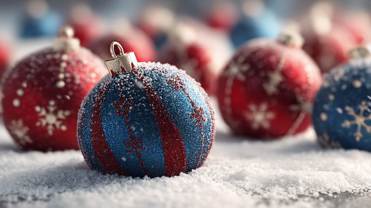 A Festive Display of Glittering Ornaments in a Frosty Winter Wonderland, Showcasing Vivid Red and Blue Christmas Baubles Encased in Sparkling Snow