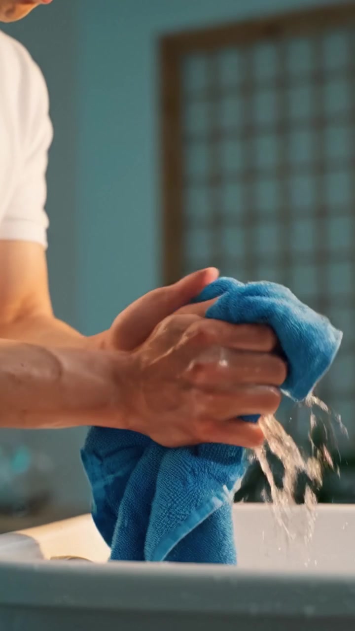 A Person's Hands Wetting and Wringing a Blue Towel in a Serene Indoor Environment, Capturing the Motion and Texture of Fabric and Water Interaction