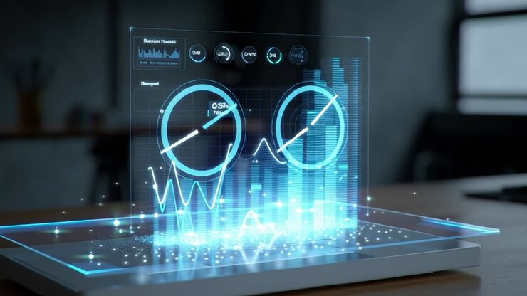 Holographic data visualization on a sleek modern workstation