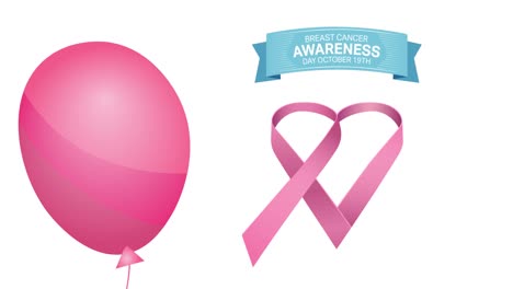 animation of flying pink balloon over pink ribbon logo and breast cancer text