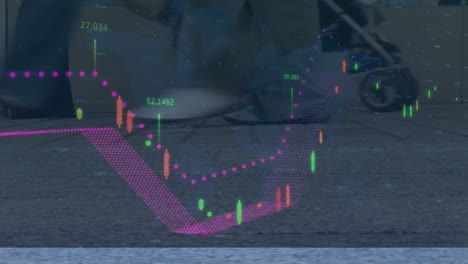 animation of financial data processing over diverse people walking on street