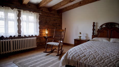 rustic bedroom with wooden walls and vintage furniture