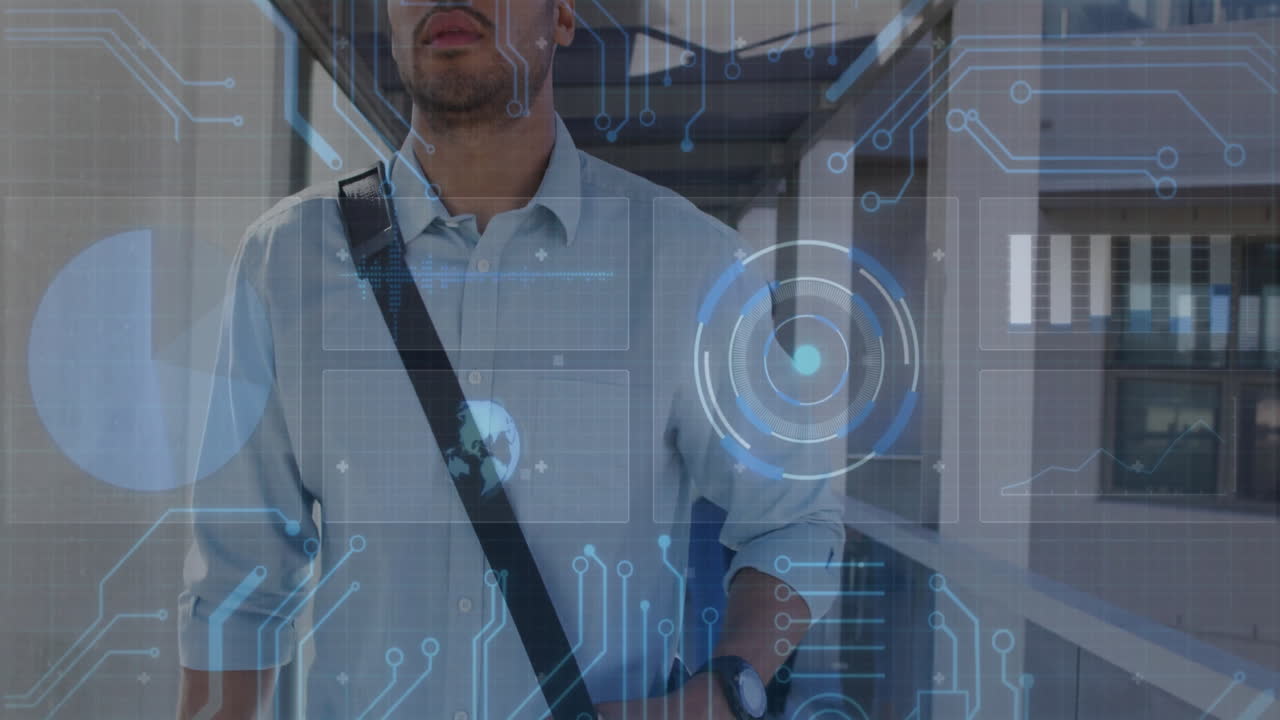 Man walking in corridor with digital interface and data processing animation overlay