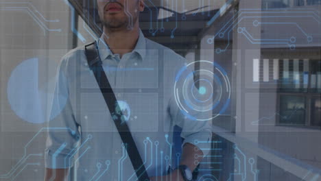 man walking in corridor with digital interface and data processing animation overlay