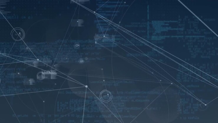 Animation of moving network of connections and data processing on dark background