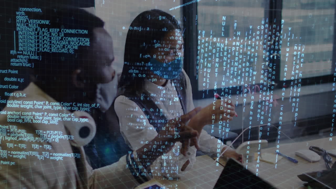 Animation of financial data processing over diverse business people with face masks taking notes