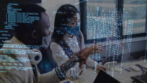 animation of financial data processing over diverse business people with face masks taking notes