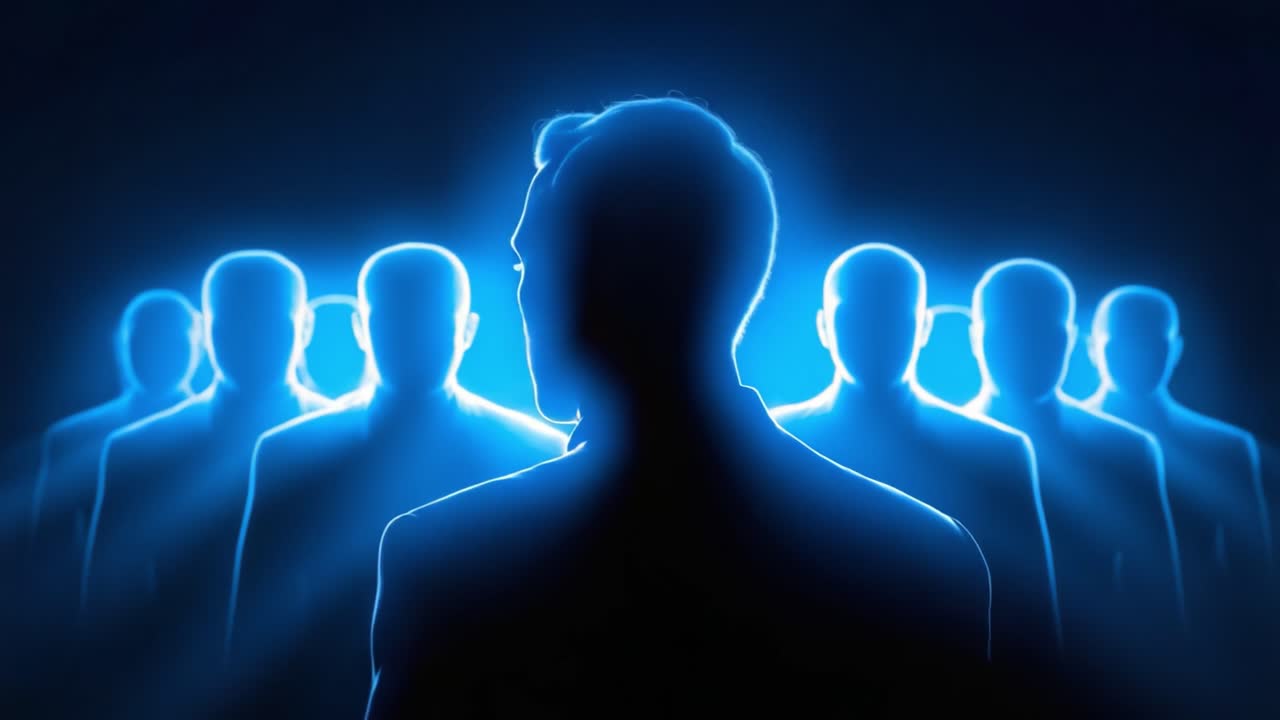 A Mysterious Gathering of Silhouetted Figures Bathed in Ethereal Blue Light, Capturing a Sense of Intrigue and Depth in a Dark Environment