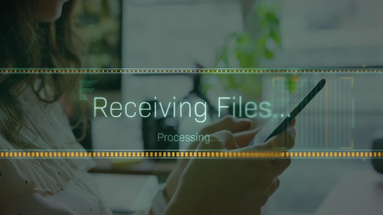 Animation of data processing over biracial businesswoman using smartphone