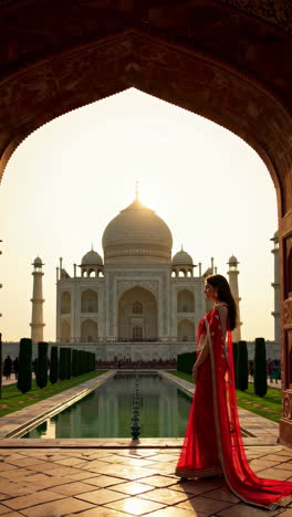 woman in red sari at the taj mahal
