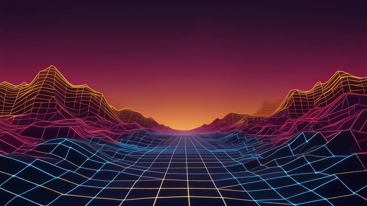 Paesaggio digitale in stile retro synthwave con montagne wireframe luminose