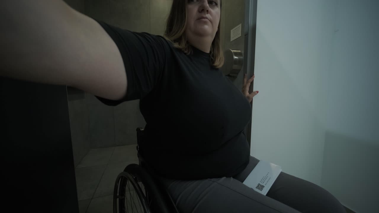 Una donna in sedia a rotelle utilizza un bagno pubblico accessibile, evidenziando l'importanza del design inclusivo e dell'accessibilità nelle strutture quotidiane. La scena sottolinea l'indipendenza e le infrastrutture moderne