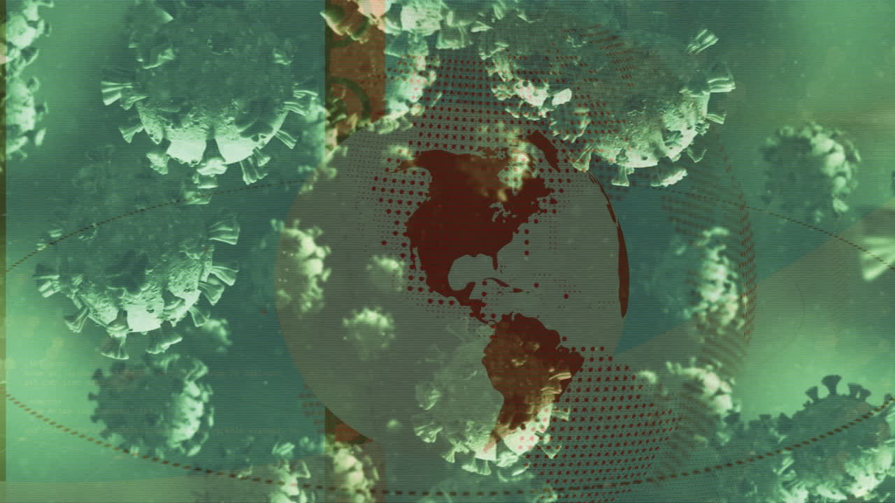 전 세계적으로 떨어지는 코로나19 세포의 애니메이션