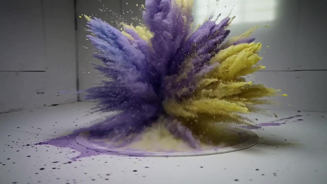 Plumas en espiral de color púrpura y amarillo colapsando hacia el centro, causando una explosión de polvo sobre una plataforma redonda en un estudio
