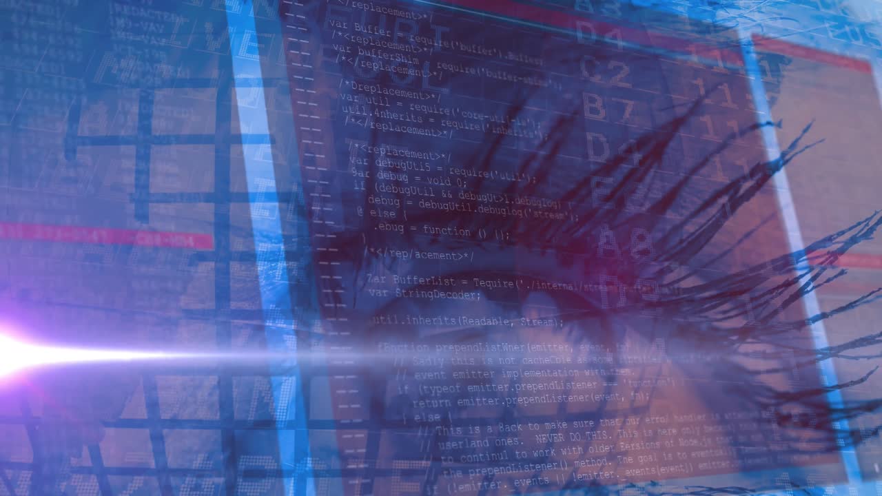 Animation of airport flight display and data processing over woman's eye in background