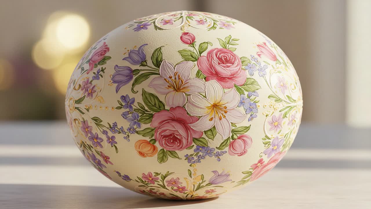 A Beautifully Hand-Painted Decorative Egg Adorned with Vibrant Floral Designs Featuring Roses, Lilies, and Other Blossoms Perfect for Festive Celebrations