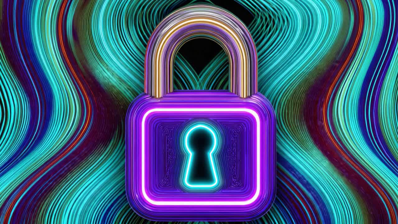 A Vibrant Neon Lock Surrounded by Dynamic Waves of Colorful Light, Symbolizing Security and Protection in a Digital Age
