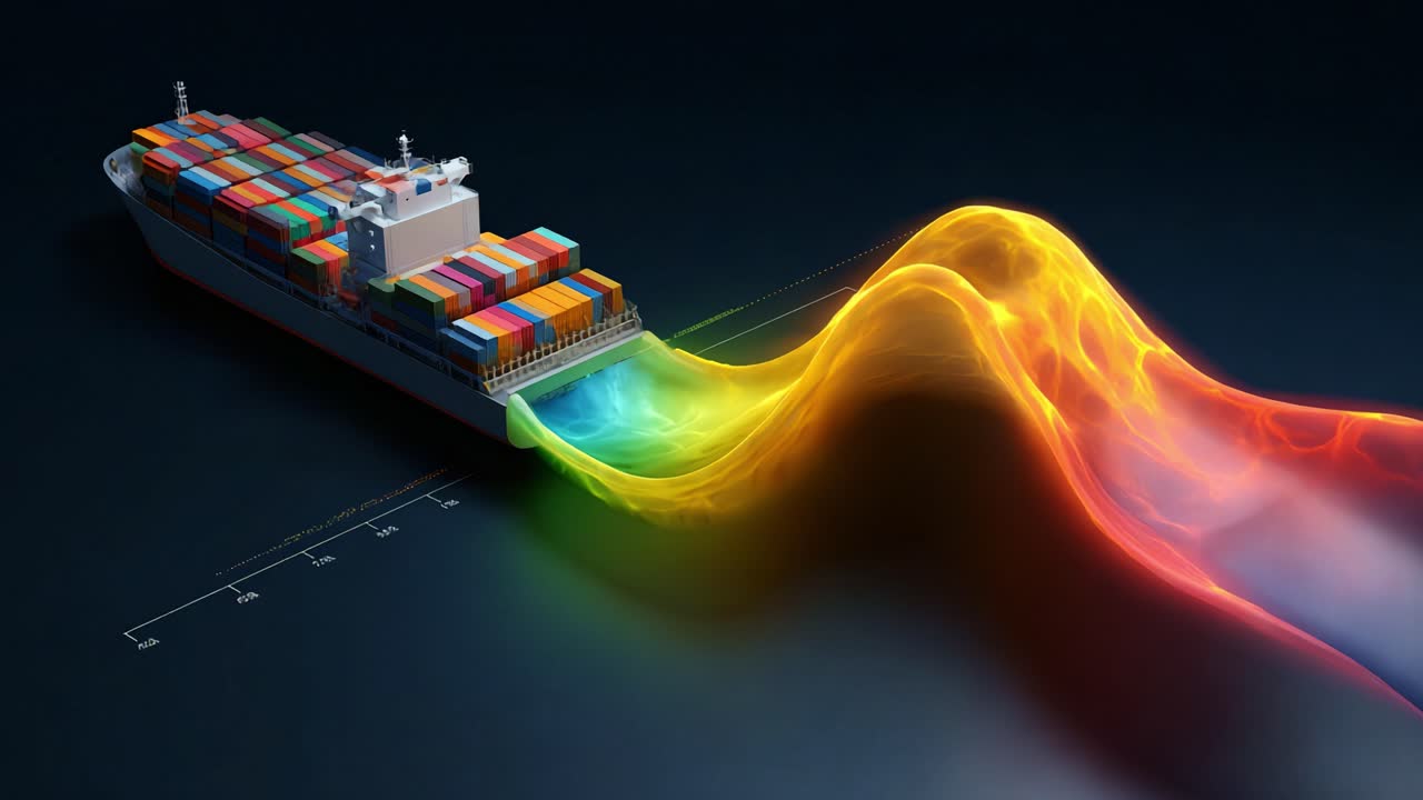 A Cutting-edge Container Ship with Colorful Shipping Containers Spewing Vibrant Digital Waves in a Futuristic Visualization of Modern Maritime Transportation and Logistics