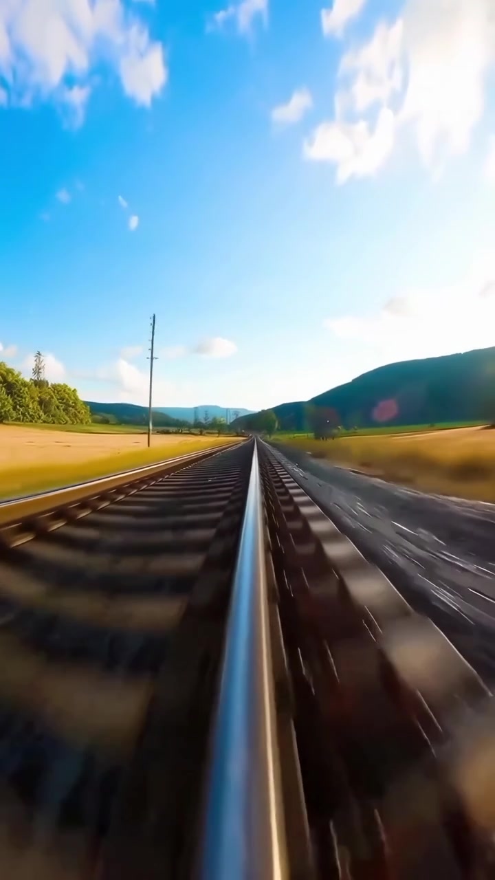 Viaggio ad alta velocità di un drone FPV lungo i binari ferroviari al tramonto