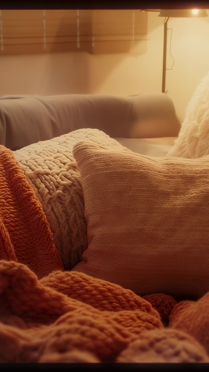 Vertical video: Chunky knit throw and pillows remaining static on sofa in living room, with lamp