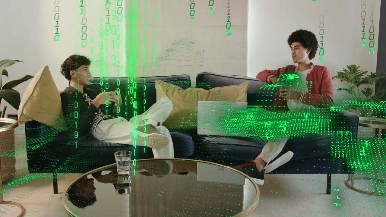 Left man tapping phone initiating green overlay over couch, right man listening showing tech data