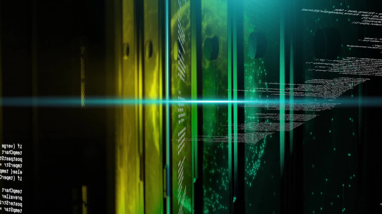 Animation of blue scanner beams and processing data over green and yellow lights on computer servers