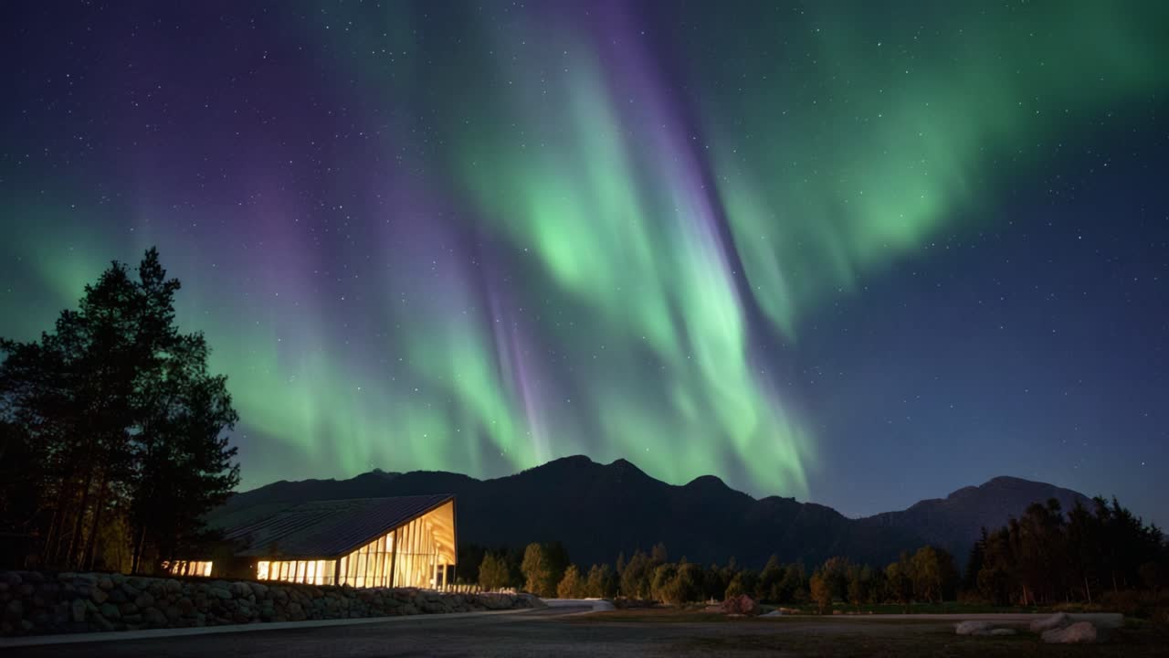 La maestosa aurora boreale illumina il cielo notturno sopra un paesaggio sereno con una moderna struttura in legno e un orizzonte montuoso, catturati in due splendide immagini