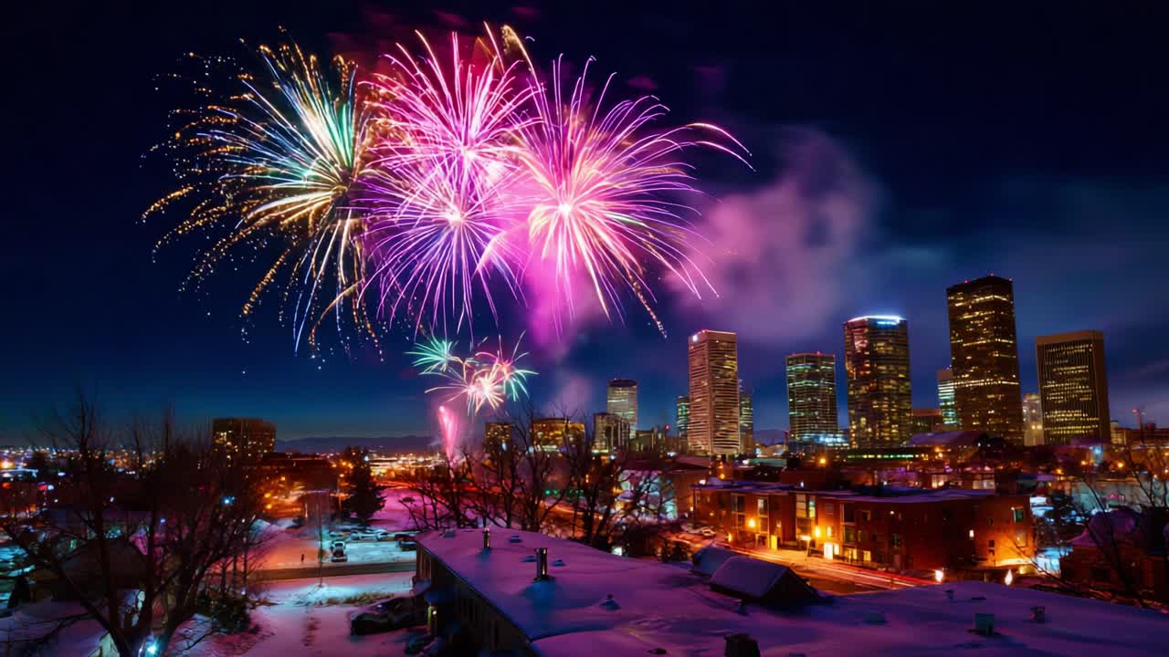 A Stunning Display of Nighttime Fireworks Illuminating the Winter Skyline, Showcasing Vibrant Colors Against a Dark Sky as Snow Covers the Ground, Creating a Magical Winter Wonderland Atmosphere