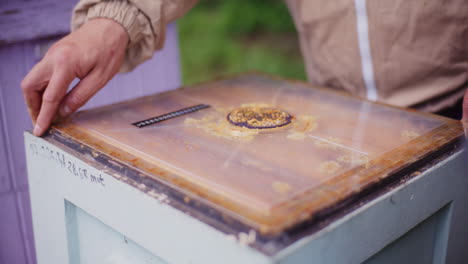 the beekeeper closes the cover of the hive and continues working in the apiary.