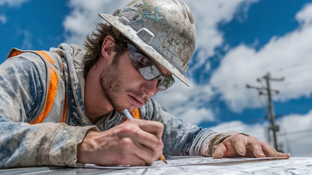 Un operaio edile analizza diligentemente i progetti, catturando l'essenza del lavoro, della concentrazione e della dedizione in una giornata di sole all'aperto