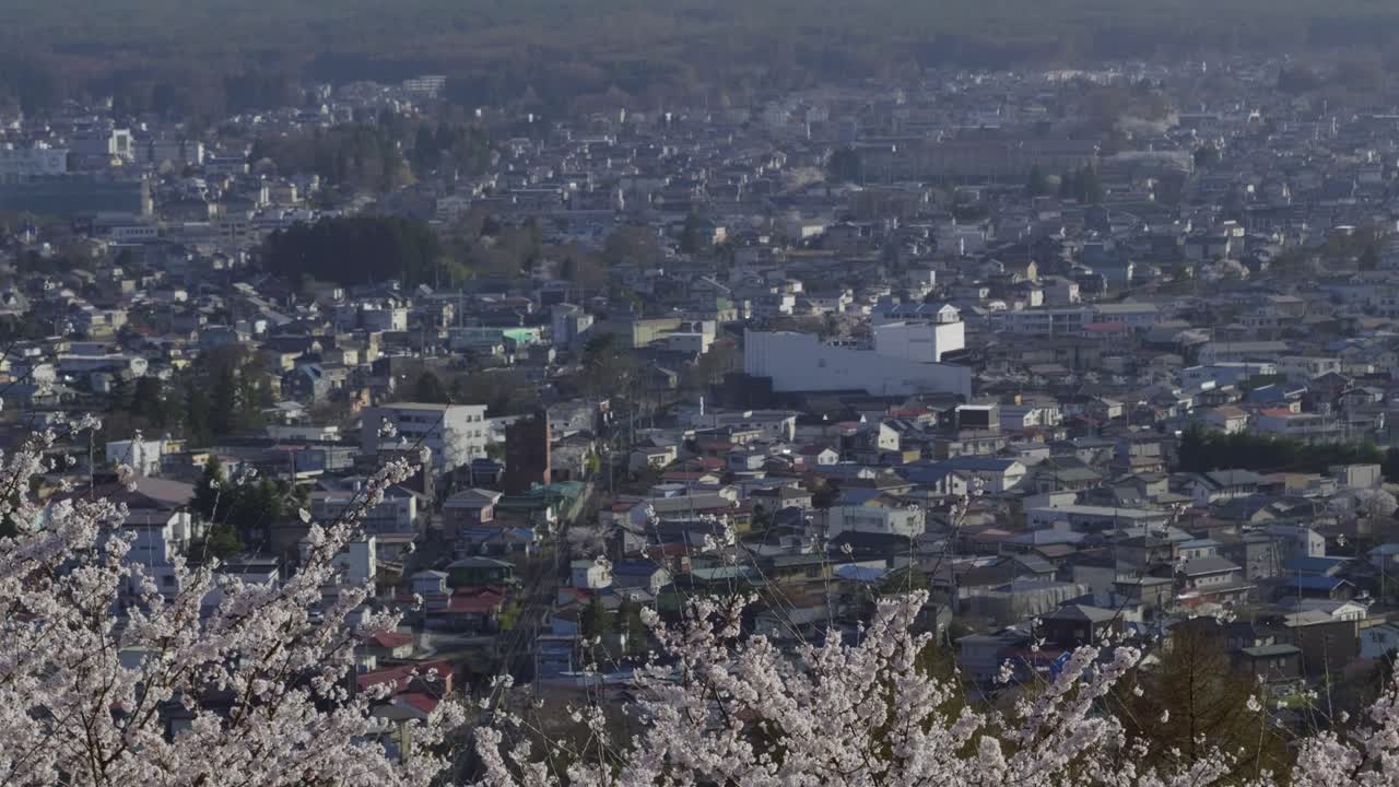 Cinematic slow motion tilt up over cityscape with Mt. Fuji in distance