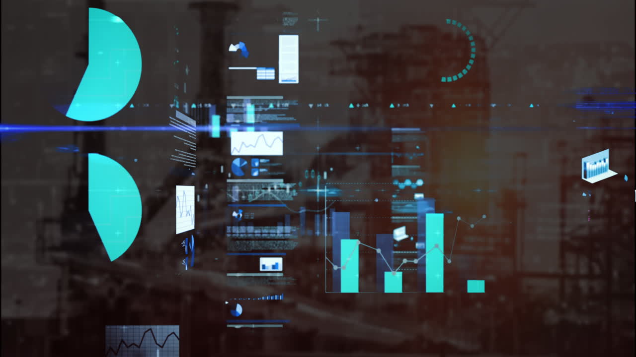 animación de pantallas con procesamiento de datos estadísticos y senderos de luz azul sobre el sitio de construcción
