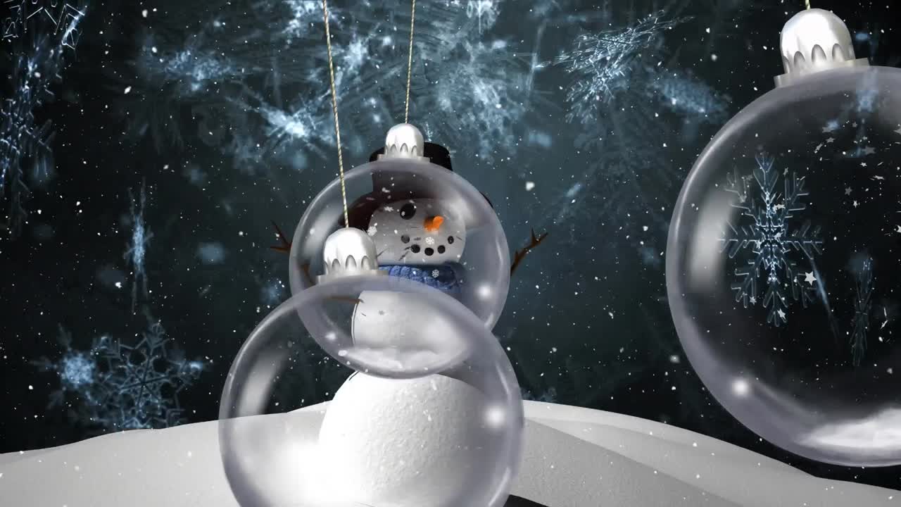 animación de bolas de navidad colgando sobre el muñeco de nieve y la nieve cayendo en el fondo.