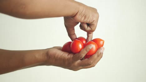 hands holding a cluster of red tomatoes