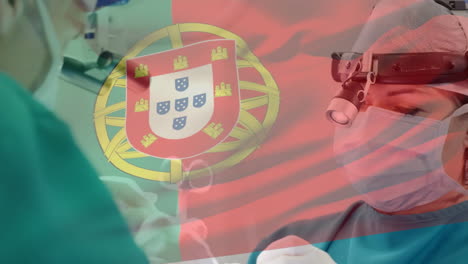 animation of flag of portugal over surgeons in operating theatre