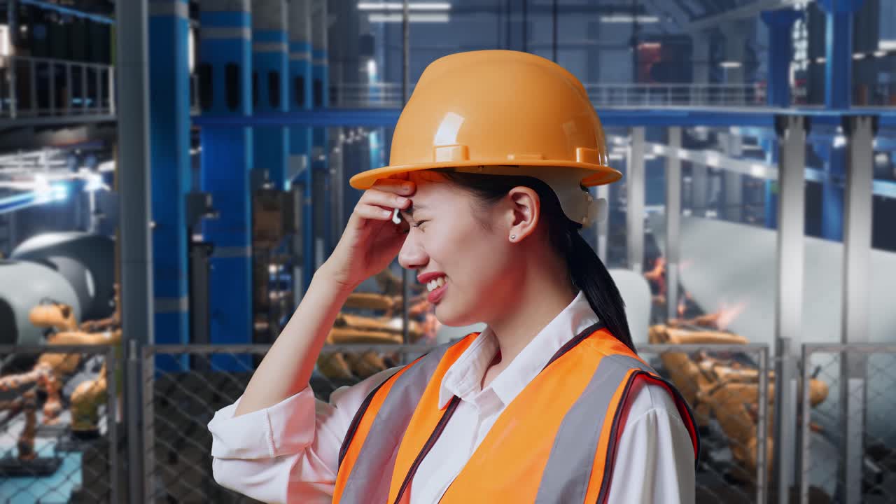 안전 헬을 입은 아시아 여성 엔지니어가 풍력 터빈 제조 공장에서 서 있을 때 두통을 고 있는 근접한 측면 시각