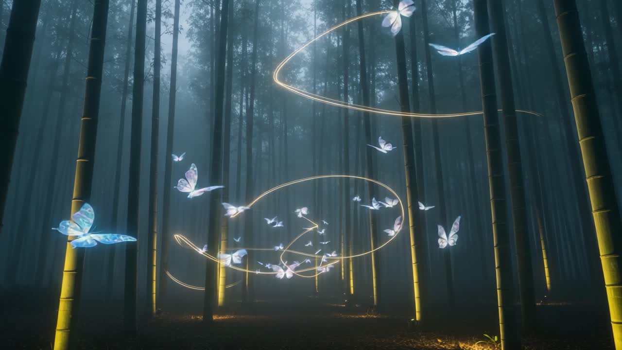 A Mystical Journey Through a Bamboo Forest at Dusk, Illuminated by Ethereal Butterflies and Soft Glowing Trails, Invoking a Sense of Wonder and Serenity