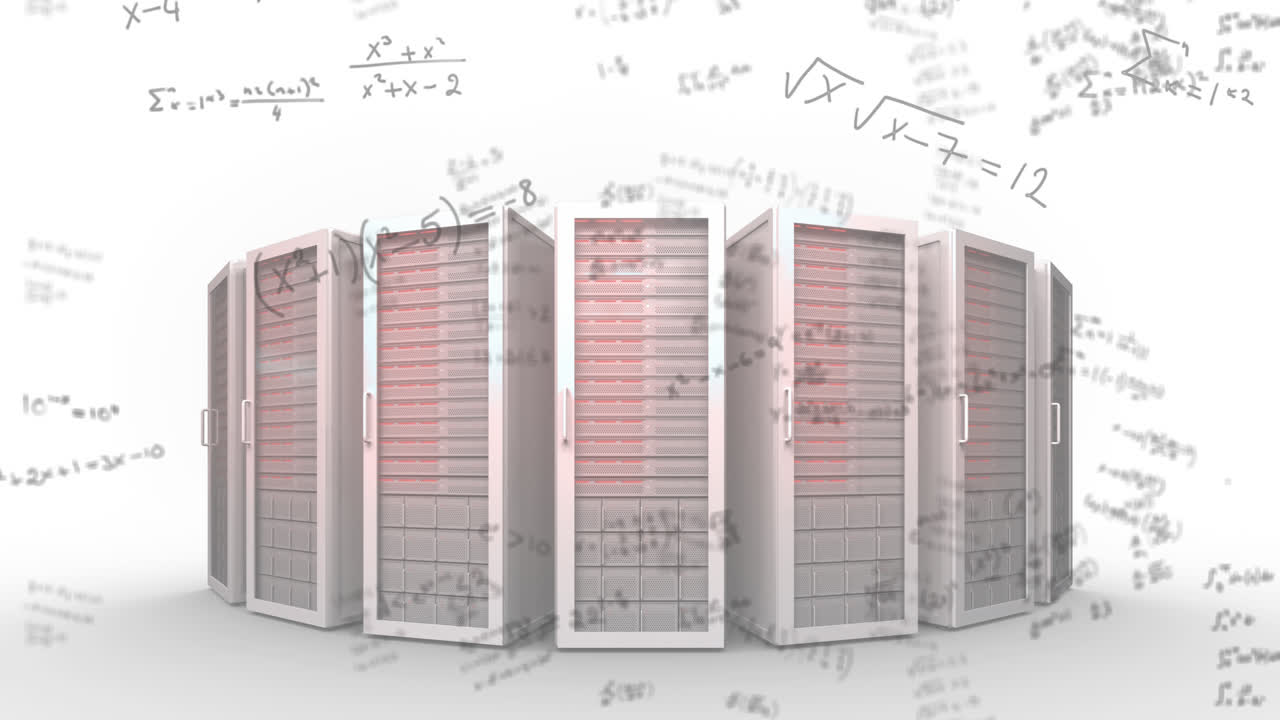 건축 건물의 애니메이션 계획 회전 및 수학적 공식이 위에 떠 있습니다.
