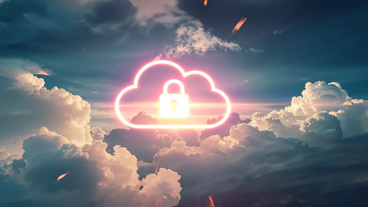 Appearing neon cloud padlock icon pulsing and brightening over sunrise sky, with glowing sparks