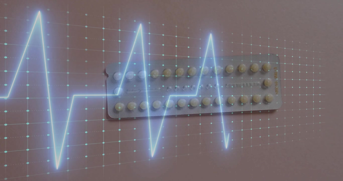 Blister contenente pillole che si illumina con una forma d'onda ECG del battito cardiaco che fluttua su una griglia di punti piatta color pastello